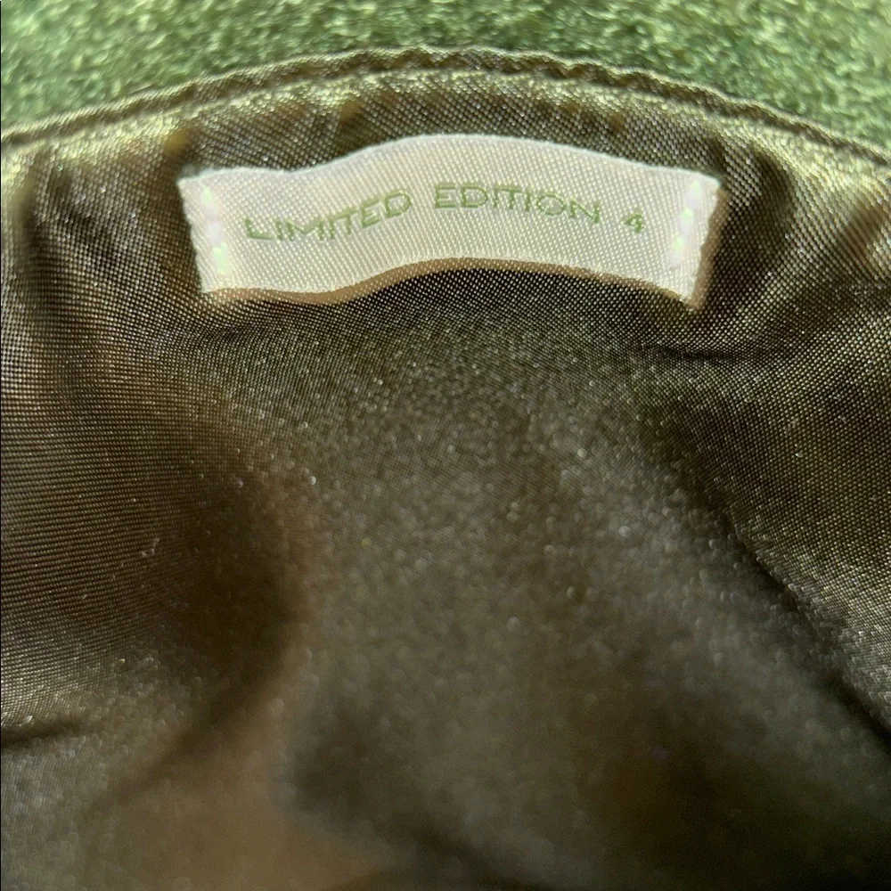 GOLDIE BRAND OLIVE/MOSS GREEN WOOL BAG PINK RIBBON THROUGHOUT BRASS HANDLE